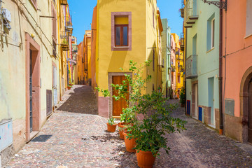 Fototapeta na wymiar Colorful houses in the alleys of the town of Bosa in Sardinia in sunlight in spring