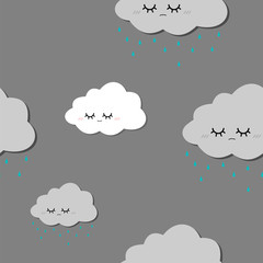 Sad rainy clouds seamless vector pattern on a grey background