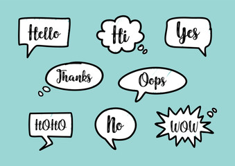 Set of the hand drawn vector speech bubbles with text on a turquoise background