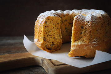 Homemade carrot bundt cake with walnuts