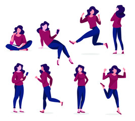 Set of a woman in casual clothes in different poses. A character for your project. Vector illustration in a flat style