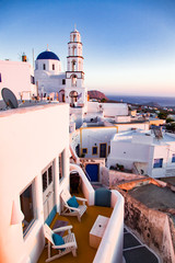 traditional white houses in Pyrgos village, the hidden gem of Santorini, Cyclades islands Greece -...