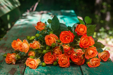 Orange roses on vintage wooden geen background.
