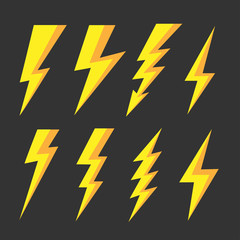 Thunder and Bolt Lighting Flash Icons Set. Flat Style Electric thunderbolt symbol icon. Thunderstorm