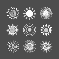 suns hand drawn doodle icon set. black and white