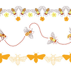 Honey Bees Vector Horizontal Seamless Border Set
