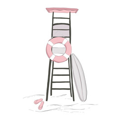 Beach rescue house design set: lifeguard seat, surf, flip flops, lifeboy . Collection with hand drawn outdoor interior. Urban modern decor, trendy elements. Flat vector illustration