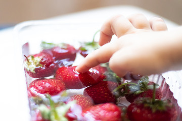 Strawberries in a bowl of water. Red berries. Seasonal berries in the water.