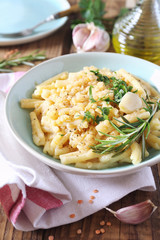 Italian food. Penne pasta with red lentils, parsley and olive oil dressing