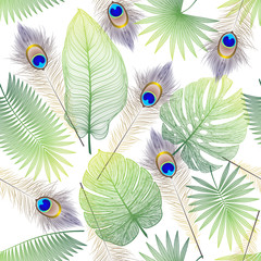 Obrazy na Szkle  Piękny wzór z tropikalnym pawim liściem i piórami. Miejsce na tekst. Ilustracja wektorowa.