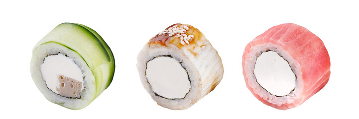 Classic sushi roll. Sushi on a white background. Japanese sushi seafood roll white background.