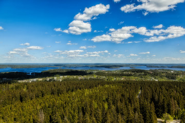 The view from the heights of the city of Koupio in Finland and lakes in summer in Sunny weather