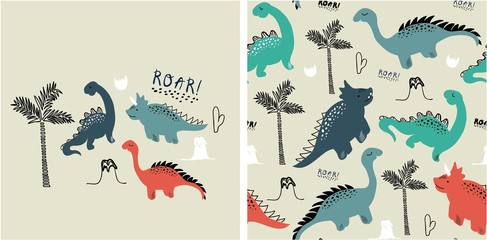 set of cute dinosaur print and seamless pattern with dinosaurs. vector illustration
