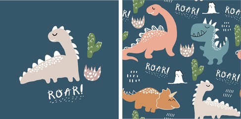 set of cute dinosaur print and seamless pattern with dinosaurs. vector illustration