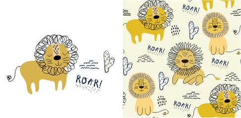 set of cute lion print and seamless pattern with lions. vector © neapol