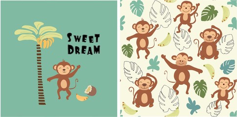 set of monkey print and seamless pattern with monkeys.vector © neapol