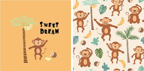 set of monkey print and seamless pattern with monkeys.vector © neapol