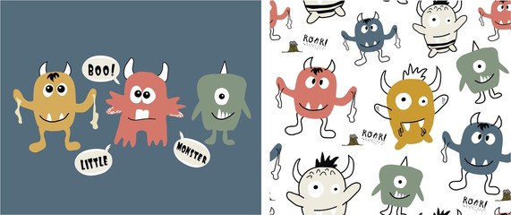 set of cute monster print and seamless pattern with monsters.vector illustration © neapol