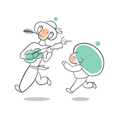 Boy with guitar run with girl