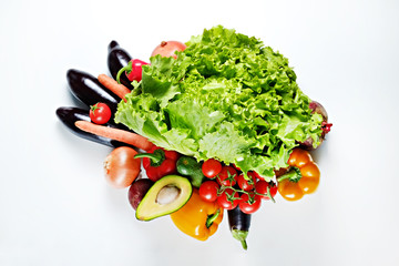 Clean healthy eating habits concept. Fruits, herbs, greens & vegetables mix, colorful juicy organic detox smoothie juice ingredients, white background. Vegan vegetarian diet food. Flat lay, copy space