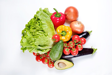 Clean healthy eating habits concept. Fruits, herbs, greens & vegetables mix, colorful juicy organic detox smoothie juice ingredients, white background. Vegan vegetarian diet food. Flat lay, copy space