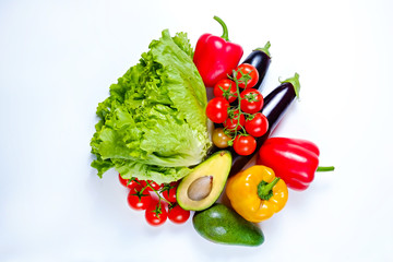 Clean healthy eating habits concept. Fruits, herbs, greens & vegetables mix, colorful juicy organic detox smoothie juice ingredients, white background. Vegan vegetarian diet food. Flat lay, copy space