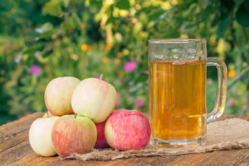 Picked apples and apple cider in glass goblet on wooden boards