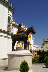 Seville (Spain). Equestrian sculpture of HRH Doña María de la Mercedes de Borbón y Orleans (Countess of Barcelona) next to the bullring in the city of Seville (Maestranza bullring)