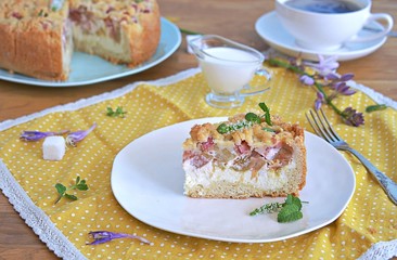 Dessert, sliced shortcrust cake with rhubarb and cottage cheese or ricotta on a white plate.