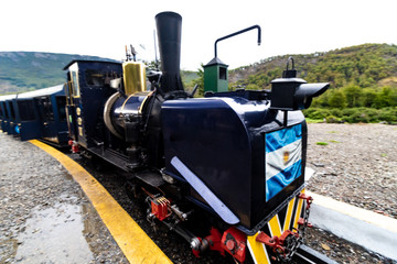 End of the World Train with its wagons, standing on the platform, Ushuaia, Argentina