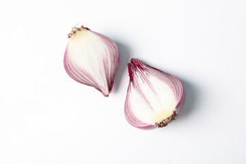 Flat lay composition with red onion on white background