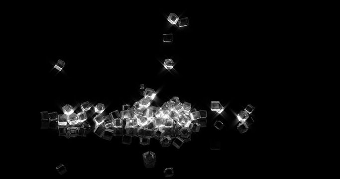 Ice cubes falling on black background