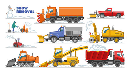 Snow removal vector winter machine snowplow equipment tractor cleaning removing snow illustration set of truck snowblower excavator bulldozer vehicle transportation isolated on white background - 275266117