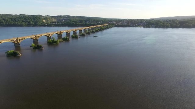 Aerial shot during the sunset of the Susquehanna river and the bridge Lancaster County Pennsylvania