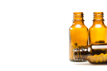 selective focus of bottle with medicine isolated on white with copy space