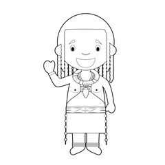 Easy coloring cartoon character from Angola (Himba Tribe) dressed in the traditional way Vector Illustration.