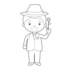 Easy coloring cartoon character from Argentina dressed in the traditional way as a tango dancer with a rose. Vector Illustration.