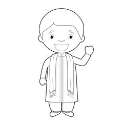 Easy coloring cartoon character from Bangladesh dressed in the traditional way Vector Illustration.