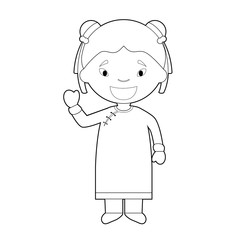 Easy coloring cartoon character from China dressed in the traditional way Vector Illustration.