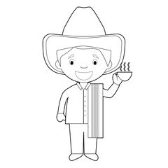 Easy coloring cartoon character from Colombia dressed in the traditional way with a cup of coffee in his hand. Vector Illustration.