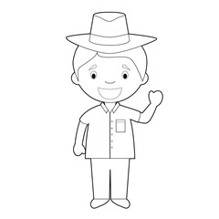 Easy coloring cartoon character from Cuba dressed in the traditional way with a Panama hat. Vector Illustration.