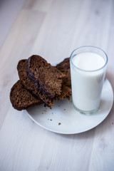 a glass of milk and a few chunks of rye bread on a saucer