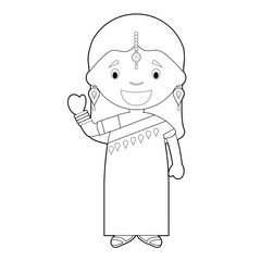 Easy coloring cartoon character from India dressed in the traditional way with sari. Vector Illustration.