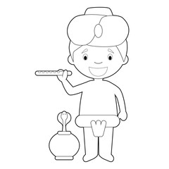 Easy coloring cartoon character from India dressed in the traditional way as a snake charmer. Vector Illustration.