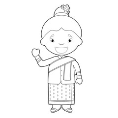 Easy coloring cartoon character from Laos dressed in the traditional way Vector Illustration.