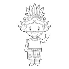 Easy coloring cartoon character from Papua New Guinea (Dani Tribe) dressed in the traditional way Vector Illustration.