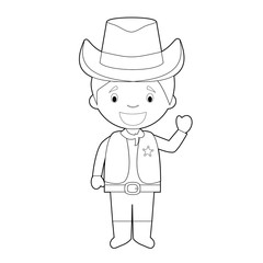 Easy coloring cowboy cartoon character from USA dressed in the traditional way. Vector Illustration.