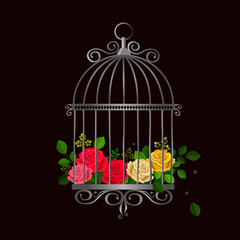 Silver vintage bird cage with multicolored roses