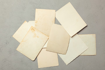 Old photo, blank template for picture, mock-up. Gray background.