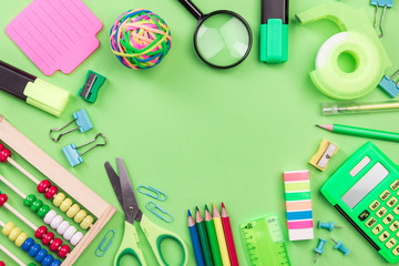 School Accessories on Green Background, Flat Lay, Back To School Concept